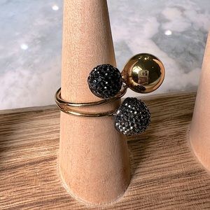 New Gold Toned Spherical Ring, Black and Dark Silver Crystal Spheres, Size 7